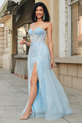 Sjarmerende A Line Sweetheart Blue Corset Prom kjole med Beading Slit