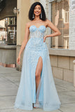 Sjarmerende A Line Sweetheart Blue Corset Prom kjole med Beading Slit