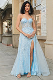 Sjarmerende A Line Sweetheart Blue Corset Prom kjole med Beading Slit