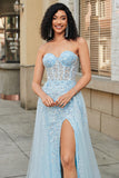 Sjarmerende A Line Sweetheart Blue Corset Prom kjole med Beading Slit