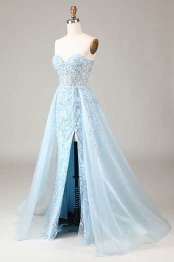 Korsett Blå stroppeløs A Line Prom kjole med spalt