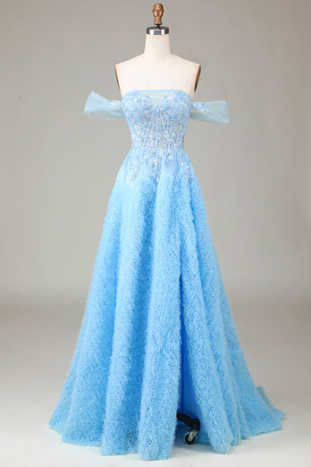 Off the Shoulder Blue A Line Princess Corset Prom kjole med Slit