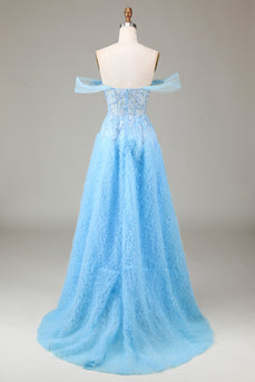 Off the Shoulder Blue A Line Princess Corset Prom kjole med Slit