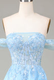 Off the Shoulder Blue A Line Princess Corset Prom kjole med Slit