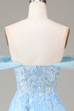 Off the Shoulder Blue A Line Princess Corset Prom kjole med Slit