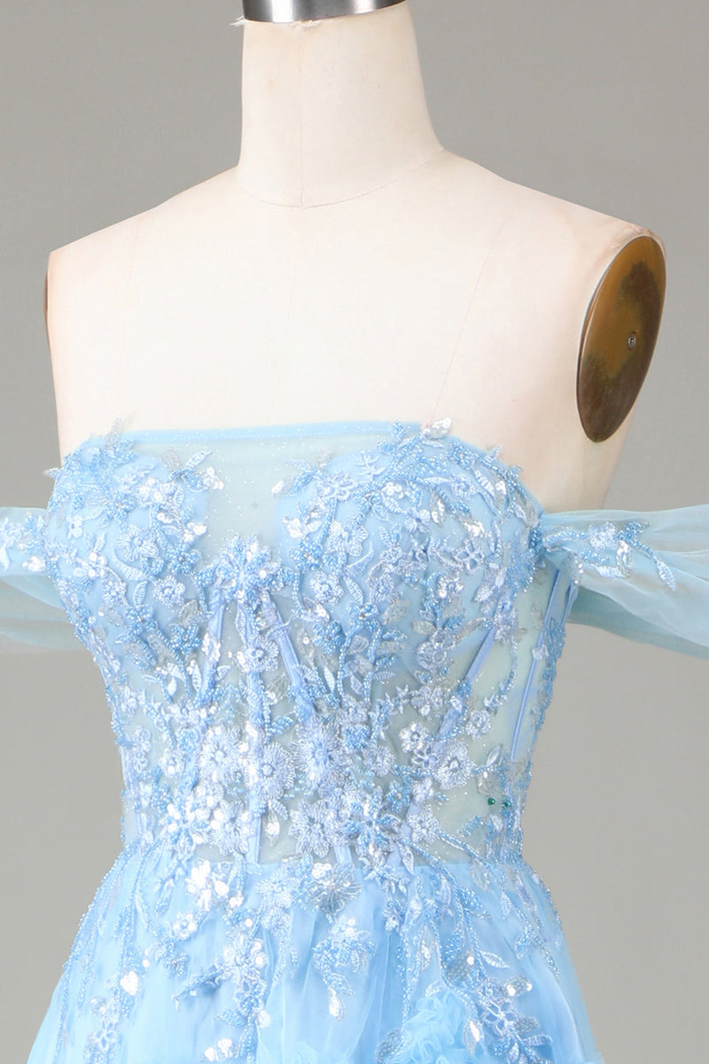 Load image into Gallery viewer, Off the Shoulder Blue A Line Princess Corset Prom kjole med Slit