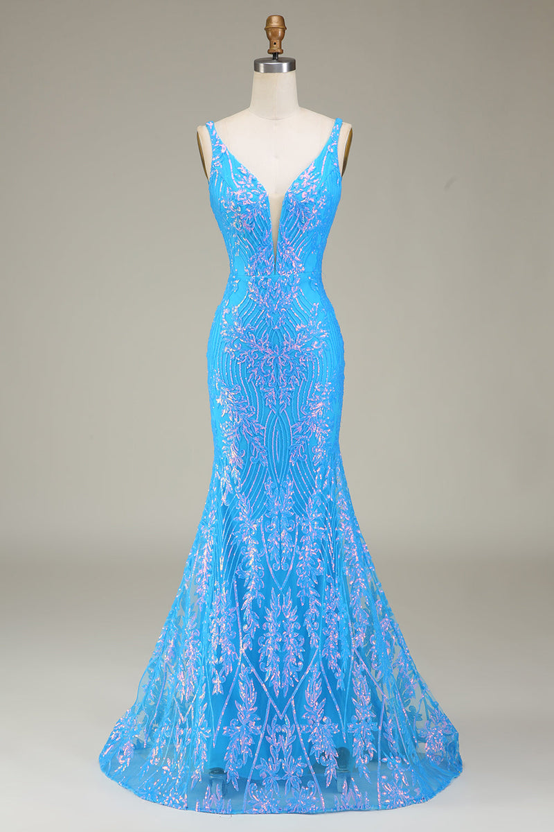 Load image into Gallery viewer, Sparkly Blue Deep V-neck Mermaid Prom Dress