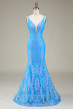 Sparkly Blue Deep V-neck Mermaid Prom Dress