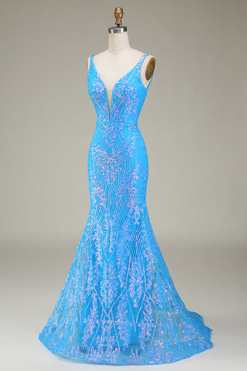 Sparkly Blue Deep V-neck Mermaid Prom Dress