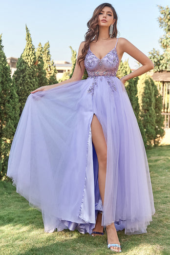 Lavendel Tulle A-line Prom Kjole med Beading