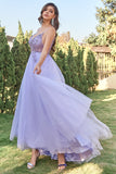 Lavendel Tulle A-line Prom Kjole med Beading