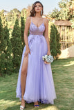 Lavendel Tulle A-line Prom Kjole med Beading