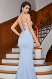 Sparkly Mermaid Light Blue Prom Dress med Slit