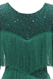 Mørkegrønn rund hals 1920-tallskjole med frynser