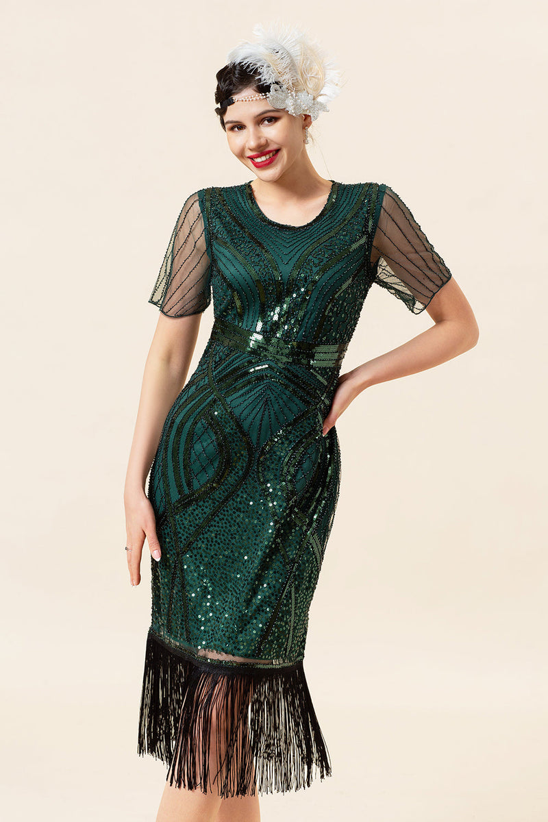Load image into Gallery viewer, Sheath Round Neck Dark Green Beaded 1920-tallet Flapper kjole med dusk