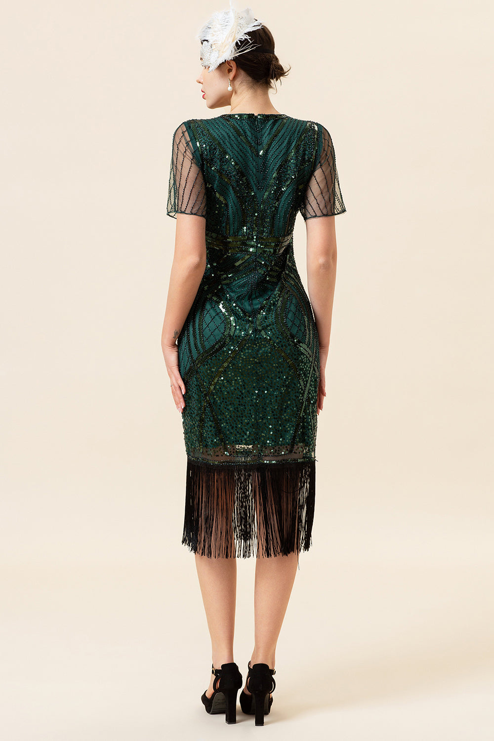 Sheath Round Neck Dark Green Beaded 1920-tallet Flapper kjole med dusk