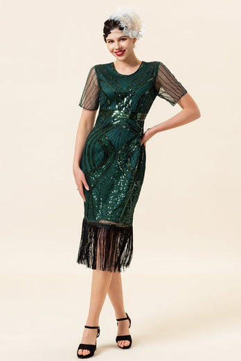 Sheath Round Neck Dark Green Beaded 1920-tallet Flapper kjole med dusk
