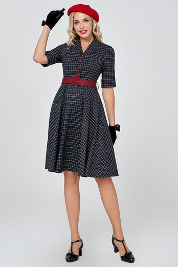 Navy Gingham Vintage 1950-talls kjole med ermer
