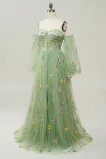 Grønn av skulderen lange ermer A-Line Prom kjole