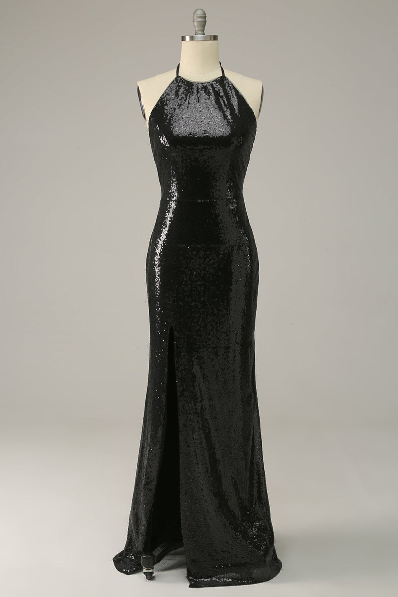 Load image into Gallery viewer, Sheath Halter Black Paljetter Plus Size Prom kjole med åpen rygg