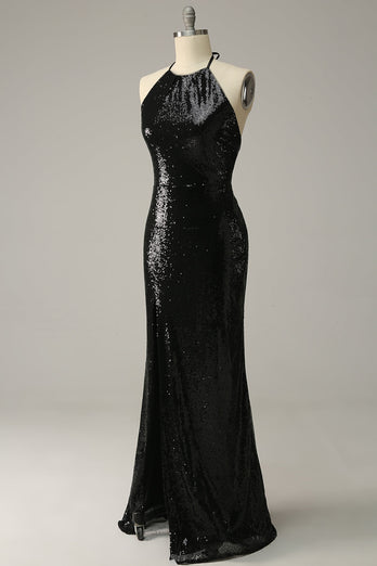 Sheath Halter Black Paljetter Plus Size Prom kjole med åpen rygg