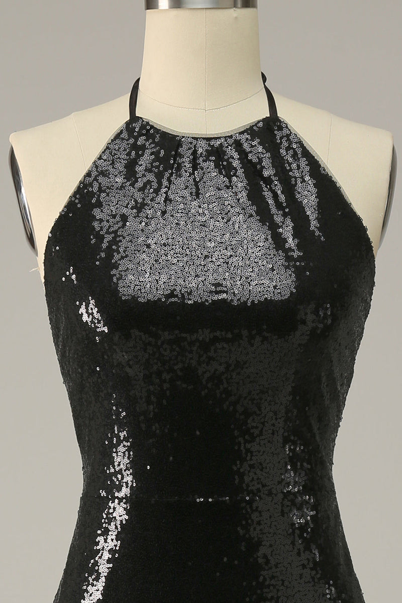 Load image into Gallery viewer, Sheath Halter Black Paljetter Plus Size Prom kjole med åpen rygg