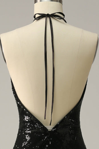 Sheath Halter Black Paljetter Plus Size Prom kjole med åpen rygg