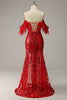Load image into Gallery viewer, Havfrue av skulderen Burgunder Plus Size Prom kjole med fjær