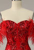Load image into Gallery viewer, Havfrue av skulderen Burgunder Plus Size Prom kjole med fjær