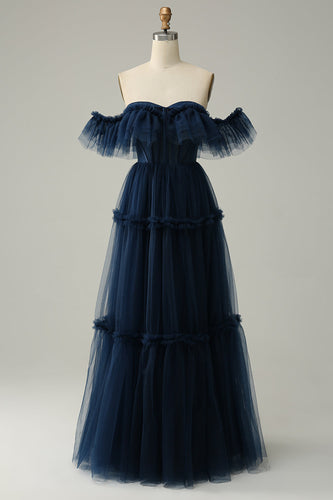 A-Line av skulderen Sweetheart Tulle Navy Long Prom Dress