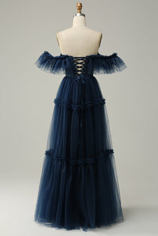 A-Line av skulderen Sweetheart Tulle Navy Long Prom Dress