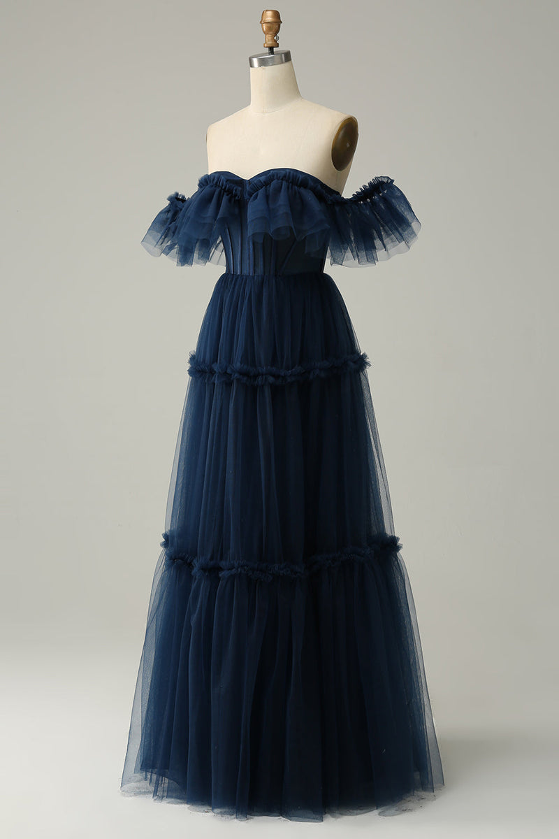 Load image into Gallery viewer, A-Line av skulderen Sweetheart Tulle Navy Long Prom Dress