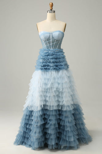 A Line Sweetheart Grey Blue Long Prom Dress med Ruffles