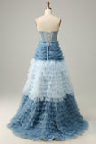 A Line Sweetheart Grey Blue Long Prom Dress med Ruffles