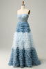 Load image into Gallery viewer, A Line Sweetheart Grey Blue Long Prom Dress med Ruffles