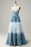 A Line Sweetheart Grey Blue Long Prom Dress med Ruffles