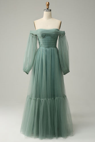 Av skuldergrå grønn A-line Tull Prom kjole med lange ermer