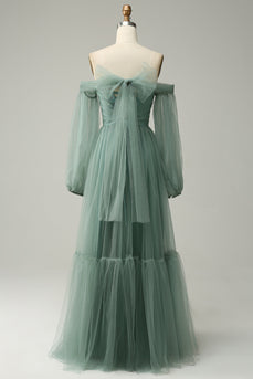 Av skuldergrå grønn A-line Tull Prom kjole med lange ermer