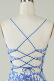 Slire V Hals Blå Kort Homecoming Kjole med Appliques Criss Cross Back