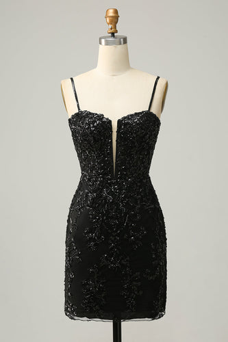 Sparkly Black Corset Sequins Tight Homecoming Dress med blonder