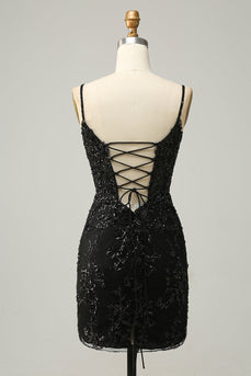 Sparkly Black Corset Sequins Tight Homecoming Dress med blonder