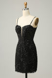 Sparkly Black Corset Sequins Tight Homecoming Dress med blonder