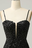 Sparkly Black Corset Sequins Tight Homecoming Dress med blonder