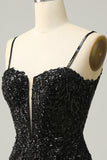 Sparkly Black Corset Sequins Tight Homecoming Dress med blonder