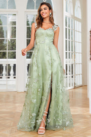 A Line Green Corset Long Tylle Prom Dress med 3D sommerfugler Split Front