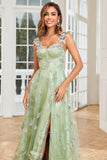 A Line Green Corset Long Tylle Prom Dress med 3D sommerfugler Split Front