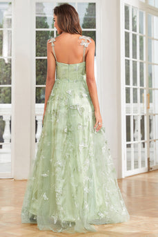 A Line Green Corset Long Tylle Prom Dress med 3D sommerfugler Split Front
