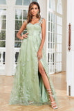 A Line Green Corset Long Tylle Prom Dress med 3D sommerfugler Split Front