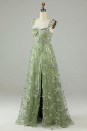 Grønn korsett Long Tylle Prom kjole med 3D sommerfugler