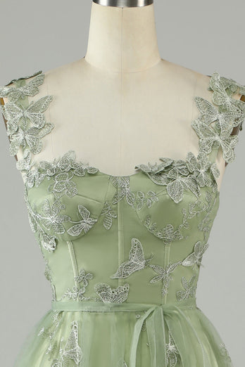 Grønn korsett Long Tylle Prom kjole med 3D sommerfugler